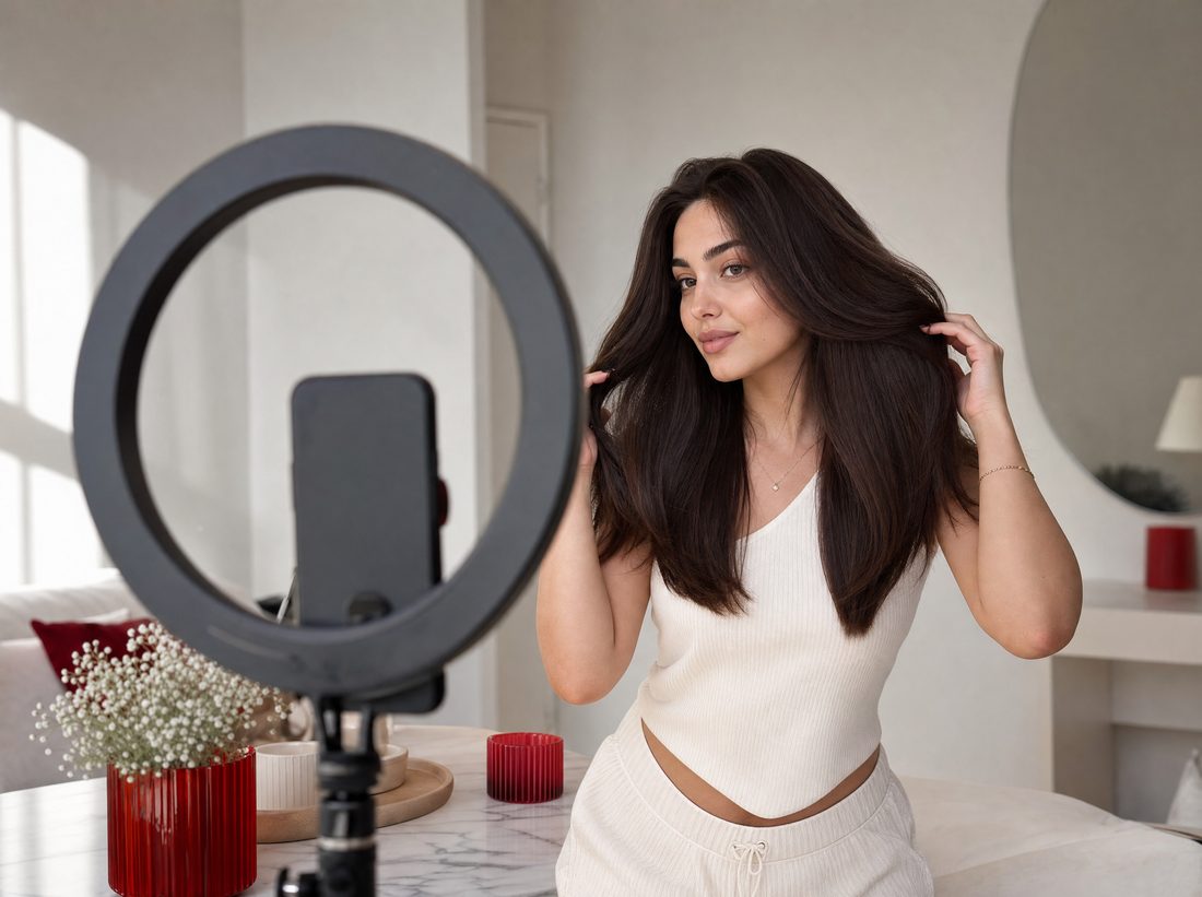 Creator filming a hair result with a ring light
