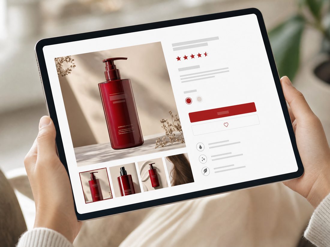 Premium hair-care product detail page on a tablet
