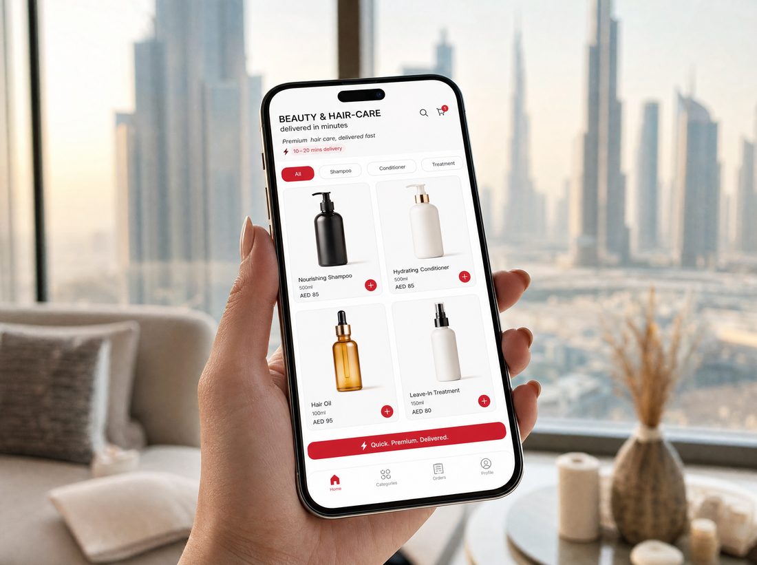 Quick-commerce delivery app on a phone in Dubai
