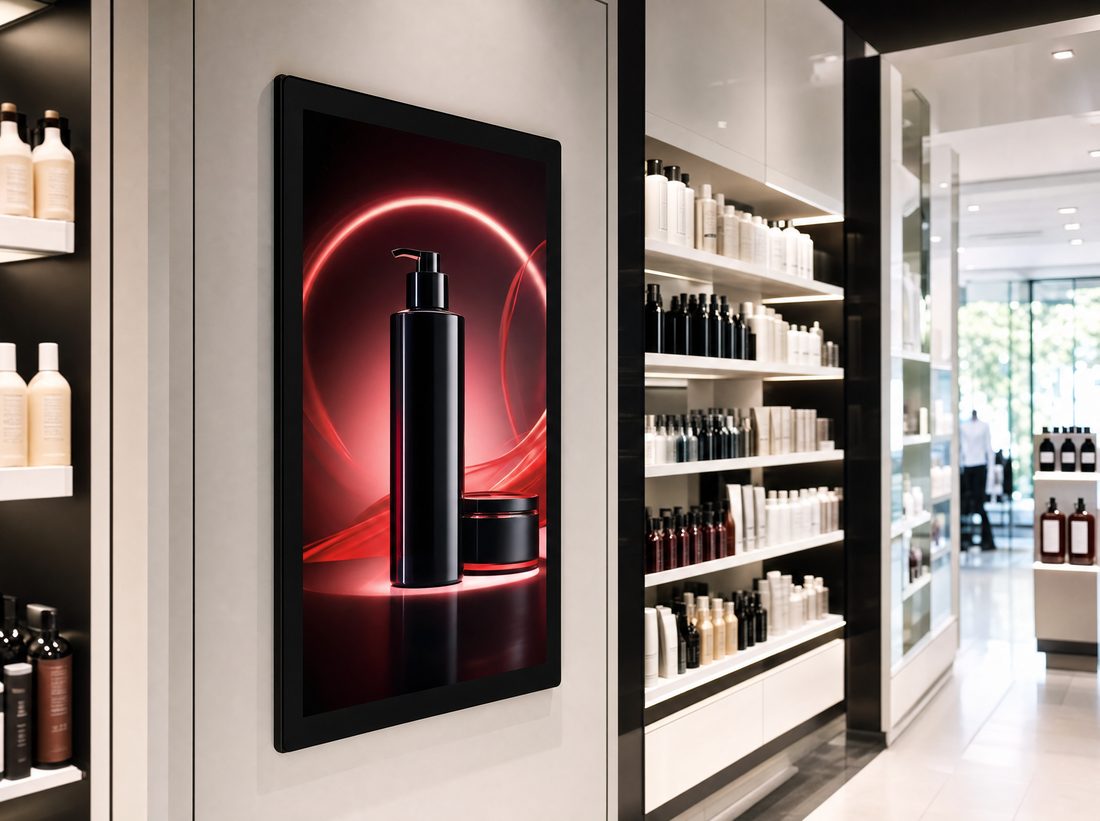 In-store digital advertising screen in a hair-care aisle